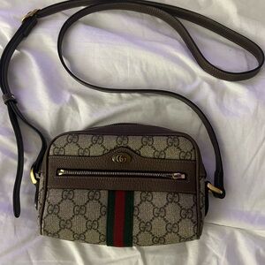 Gucci Ophelia mini Beige and Brown Crossbody Bag with Green and Red Stripe